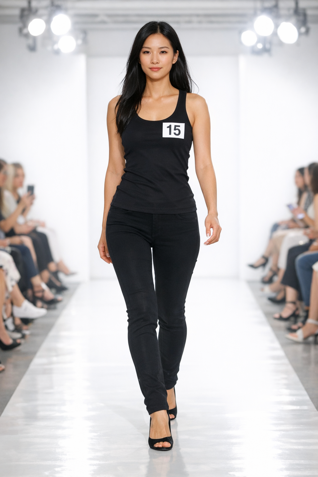 Asian Model Runway Show in Sleek Black Outfit with White Number Sticker-1 Asian Model Runway Show in Sleek Black Outfit with White Number Sticker-1
