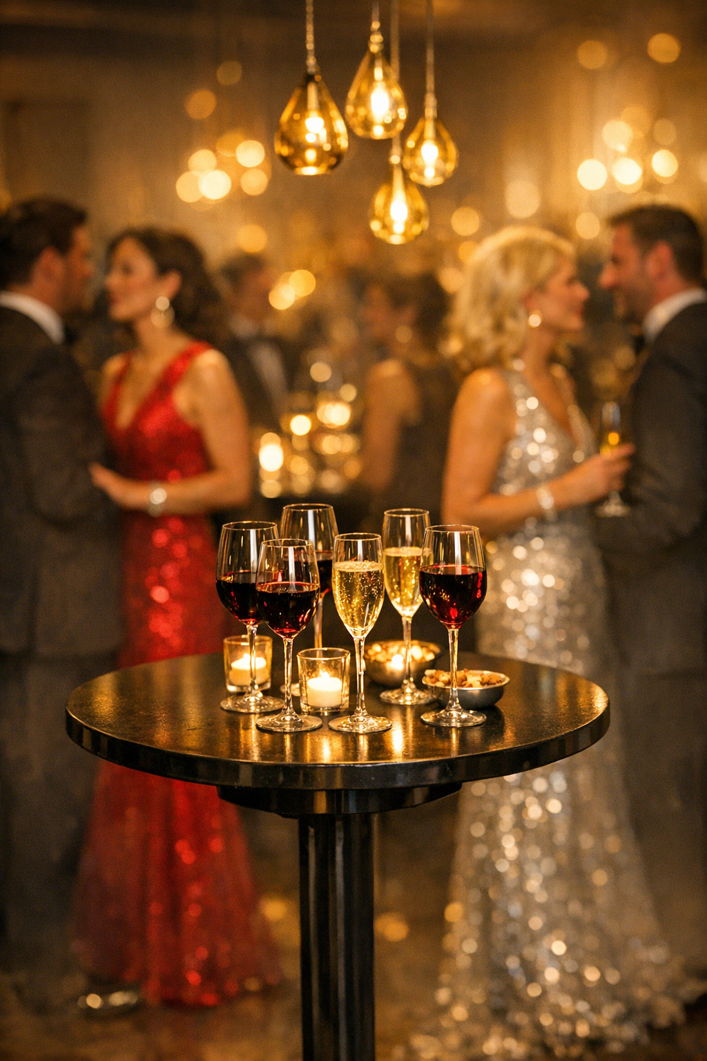 Gala Bar Table With Wine Glasses And Elegant Guests Gala Bar Table With Wine Glasses And Elegant Guests