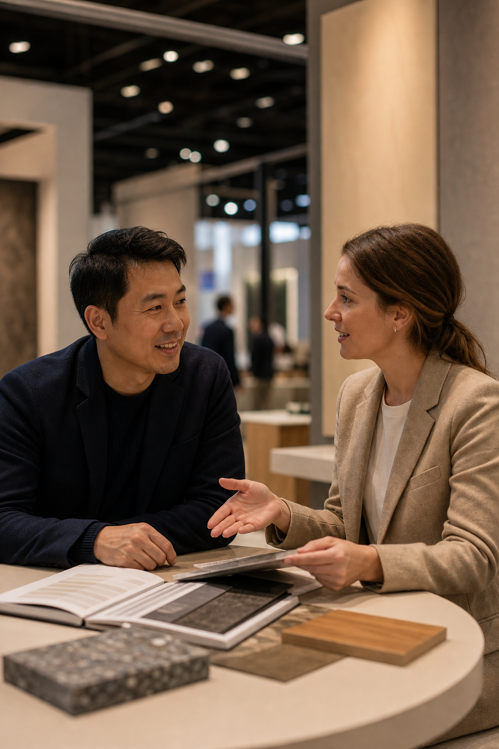 Asian Buyer and European Designer Discussing at Designers Booth Table Asian Buyer and European Designer Discussing at Designers Booth Table