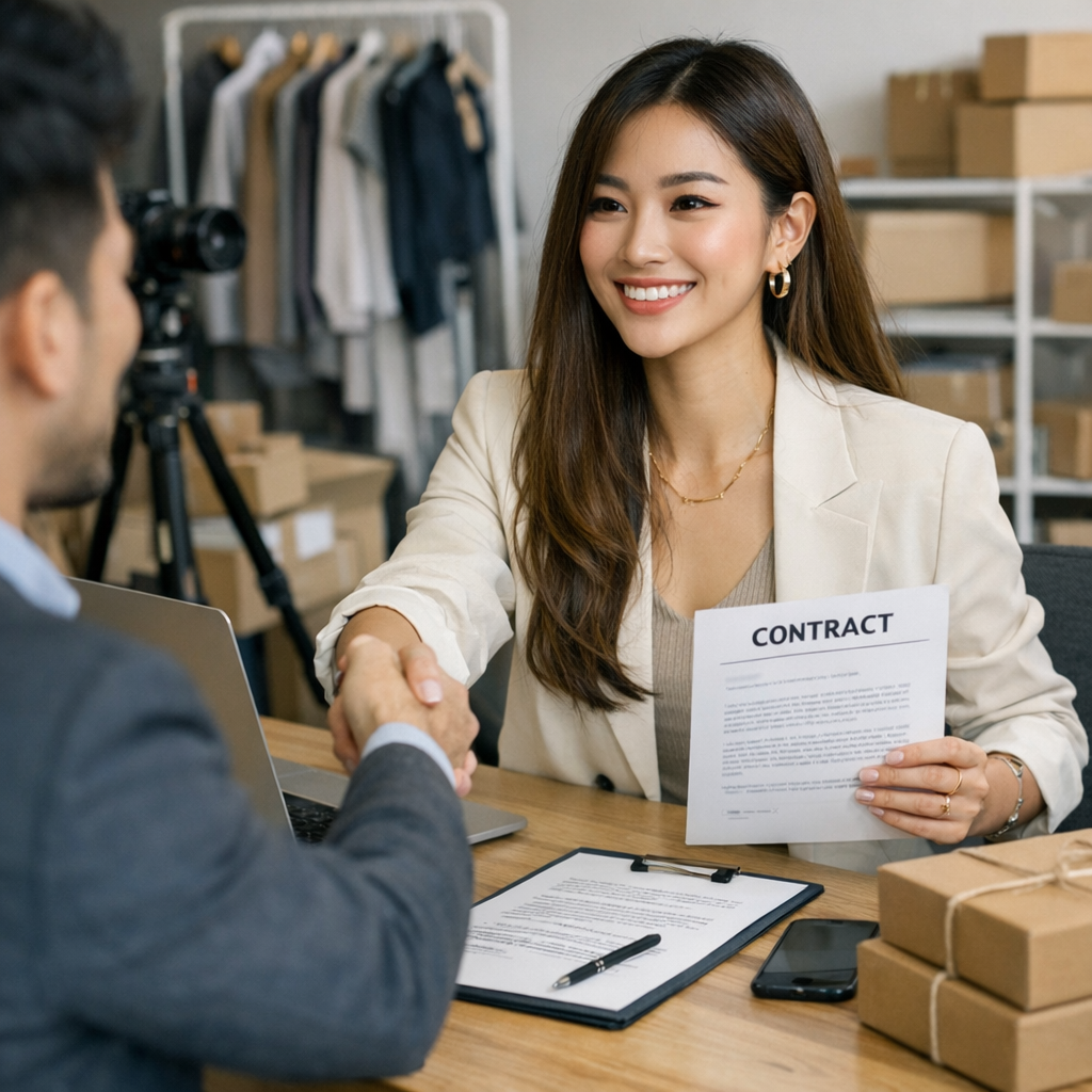 Fashion Influencer Closing Business Deal in Urban Setting Fashion Influencer Closing Business Deal in Urban Setting